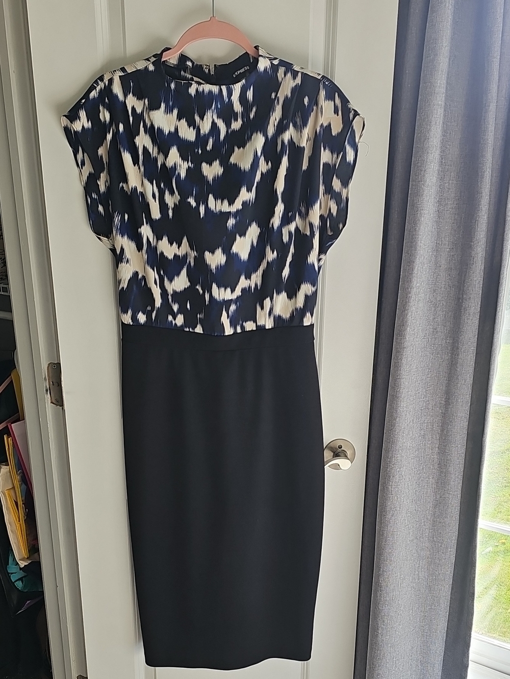 Express Navy and Cream Patterned Midi Sheath Dress